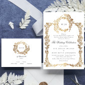 クラシック金ゴールドモノグラム植物株結婚式 出欠カード