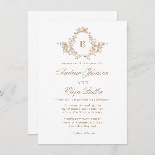 クラシック金ゴールドルクースのモノグラムクレストカスタムウェディング 招待状 (正面/裏面)