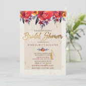 クラシック金ゴールドレッド&フローラブライダルシャワー招待 招待状 (スタンド正面)