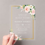 クラシック金ゴールド及びピンク赤面結婚フローラ アクリル招待状<br><div class="desc">このデザインは、水色赤面ピンクフローラテーマと上品な金ゴールドフレームをフォーマル組み合わせる。</div>