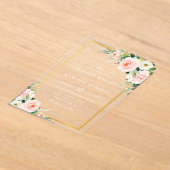 クラシック金ゴールド及びピンク赤面結婚フローラ アクリル招待状 (レイダウン)