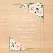 クラシック金ゴールド及びピンク赤面結婚フローラ アクリル招待状 (正面)