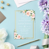 クラシック金ゴールド及びピンク赤面結婚フローラ アクリル招待状 (インサイチュ (ウェディング))