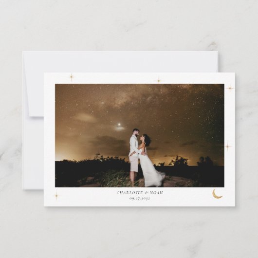クラシック金ゴールド月の星の写真結婚 サンキューカード (裏面)
