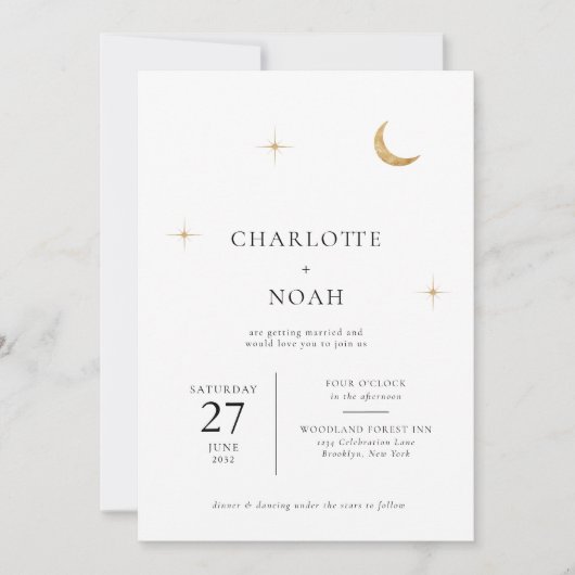 クラシック金ゴールド月の星の写真結婚 招待状 (正面)
