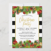 クラシック金ゴールド白黒ストライプクリスマスパーティー 招待状 (正面)