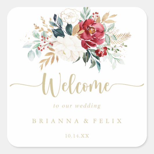クラシック金ゴールド結婚フローラ歓迎 スクエアシール (正面)