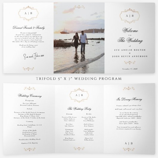 クラシック金ゴールド1グラム3倍ウェディングプログラム 三つ折り招待状