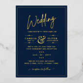 クラシック金箔海軍エレガントクラシック結婚ズ 箔招待状 (正面)