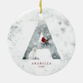 クラシック雪のクリスマスウィンターシーンモノグラムA セラミックオーナメント (裏面)