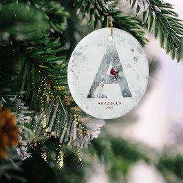 クラシック雪のクリスマスウィンターシーンモノグラムA セラミックオーナメント