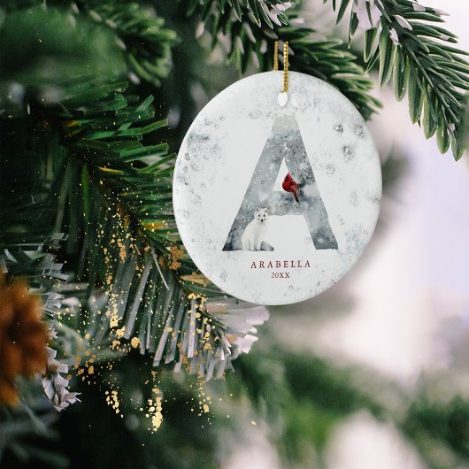 クラシック雪のクリスマスウィンターシーンモノグラムA セラミックオーナメント