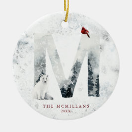 クラシック雪クリスマス冬シーンモノグラムM セラミックオーナメント