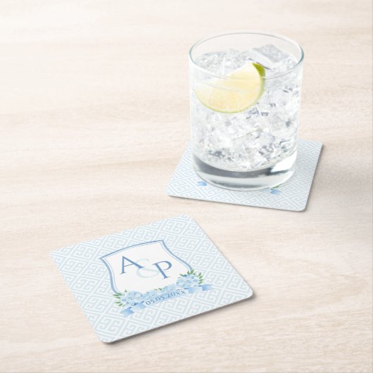 クラシック青と白あじさい結婚の紋 スクエアペーパーコースター (インサイチュ)