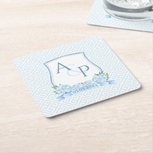 クラシック青と白あじさい結婚の紋 スクエアペーパーコースター (アングル)