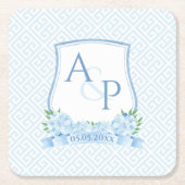 クラシック青と白あじさい結婚の紋 スクエアペーパーコースター (正面)