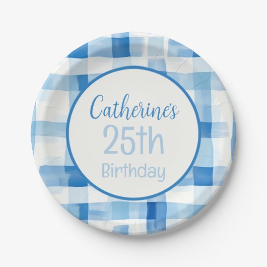 クラシック青と白のギンガ市松模様にム模様 ペーパープレート (正面)