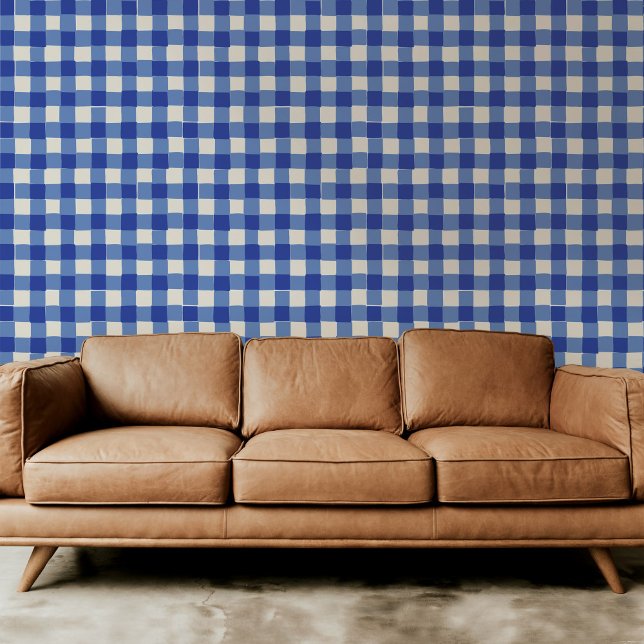 クラシック青と白の手で描いたプ市松模様にライド 壁紙 (Classic blue and white hand-drawn checkered plaid modern peel and stick wallpaper.)