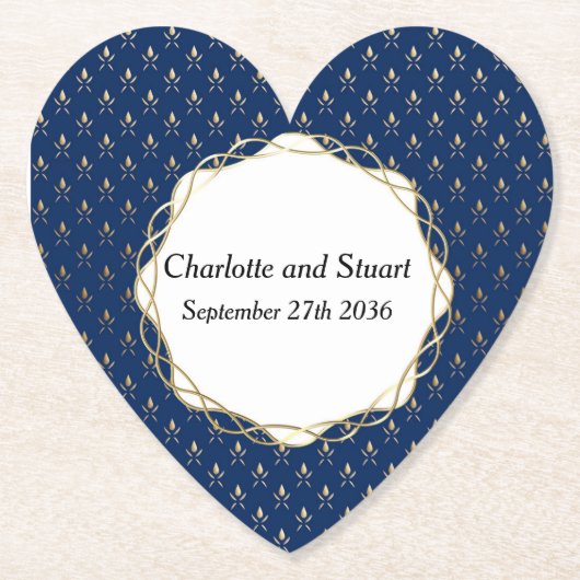 クラシック青と金ゴールド結婚 ペーパーコースター (正面)