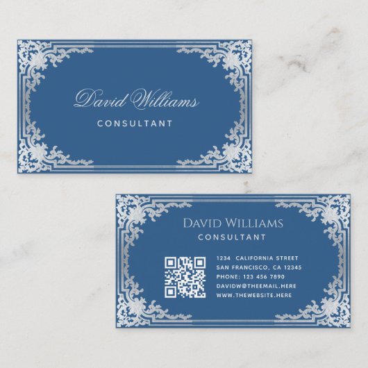 クラシック青エレガントヴィンテージ華美フレームQRコード 名刺 (正面/裏面)
