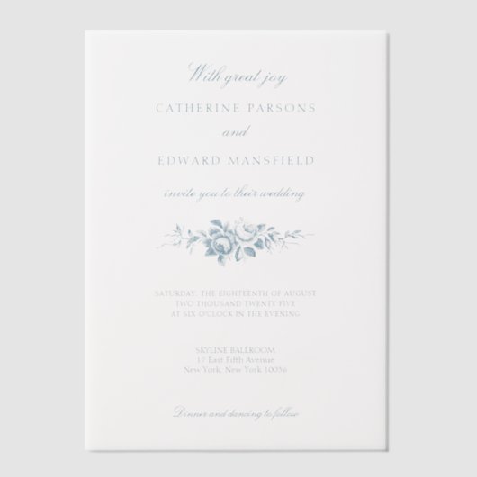 クラシック青エレガント刻印フローラ ベラム紙招待状 (正面)