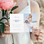 クラシック青エレガント白フローラ写真 サンキューカード