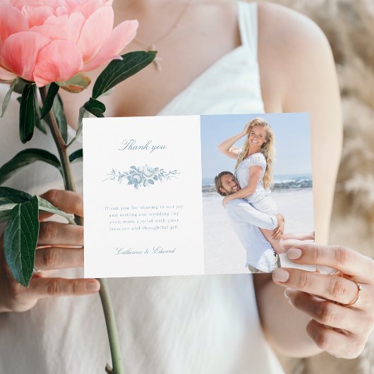 クラシック青エレガント白フローラ写真 サンキューカード