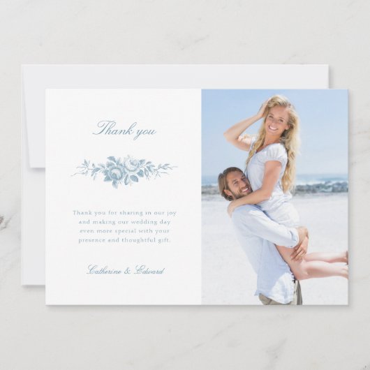 クラシック青エレガント白フローラ写真 サンキューカード (正面)