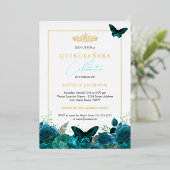 クラシック青エレガント蝶フォトキンセアニェラ 箔招待状 (立ち正面)
