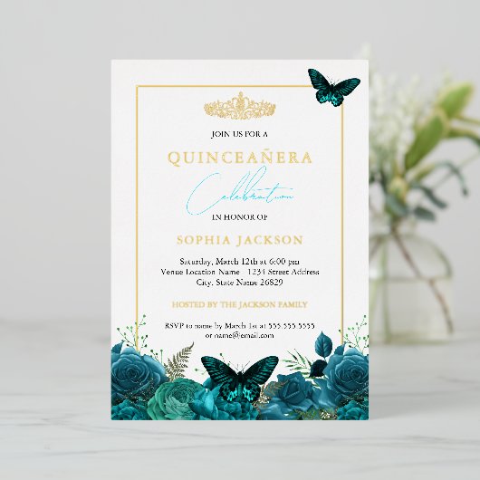 クラシック青エレガント蝶フォトキンセアニェラ 箔招待状 (立ち正面)