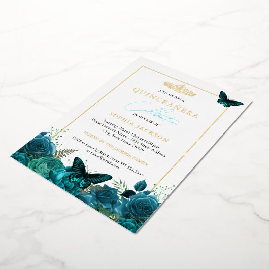 クラシック青エレガント蝶フォトキンセアニェラ 箔招待状 (回転した状態)