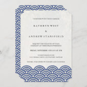 クラシック青エレガント+白ビーチ結婚式 招待状 (正面/裏面)