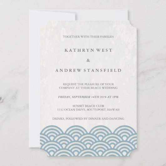 クラシック青エレガント+白ビーチ結婚式 招待状 (正面)
