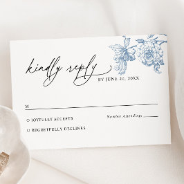 クラシック青ビクトリアンフローラ結婚式RSVPカード 出欠カード