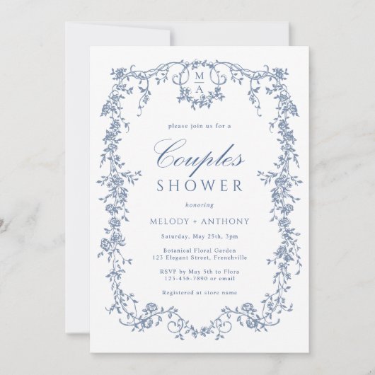 クラシック青フランスのフローラカップルのシャワー 招待状 (正面)