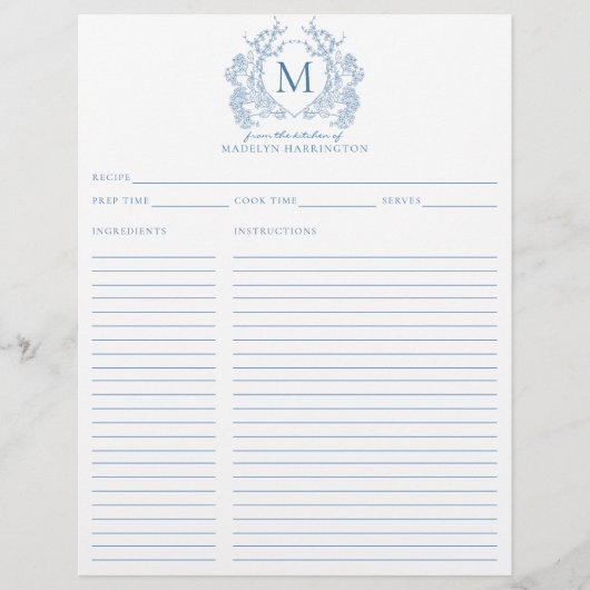 クラシック青フランスのフローラクレストモノグラムレシピ (正面)