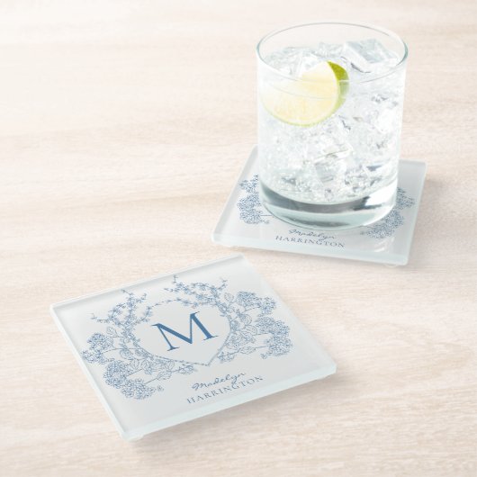クラシック青フランスのフローラクレストモノグラム ガラスコースター (アングル)