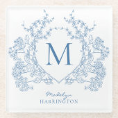 クラシック青フランスのフローラクレストモノグラム ガラスコースター (正面)