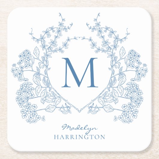 クラシック青フランスのフローラクレストモノグラム スクエアペーパーコースター (正面)