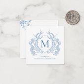 クラシック青フランスのフローラクレストモノグラム ノートカード (正面/裏面インサイチュ)