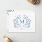 クラシック青フランスのフローラクレストモノグラム ノートカード (正面/裏面インサイチュ)