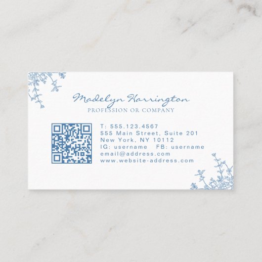 クラシック青フランスのフローラクレストモノグラムQRコード 名刺 (裏面)