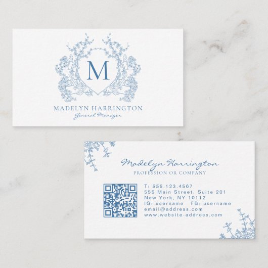 クラシック青フランスのフローラクレストモノグラムQRコード 名刺 (正面/裏面)