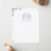 クラシック青フランスのフローラヴィンテージクレストモノグラム ノートカード (正面/裏面インサイチュ)