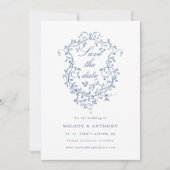 クラシック青フランスのフローラ結婚クレスト セーブザデート (正面)