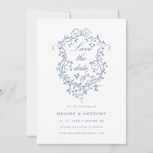 クラシック青フランスのフローラ結婚クレスト セーブザデート (正面)