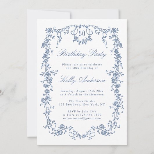 クラシック青フランスのフローラ50th誕生日パーティー 招待状 (正面)
