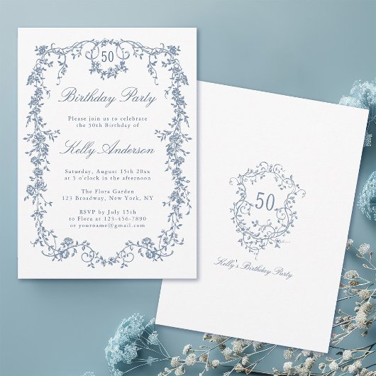 クラシック青フランスのフローラ50th誕生日パーティー 招待状