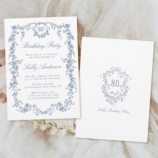 クラシック青フランスのフローラ80th誕生日パーティー 招待状