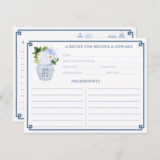 クラシック青中国の白の花瓶レシピカード 招待状 (正面/裏面)